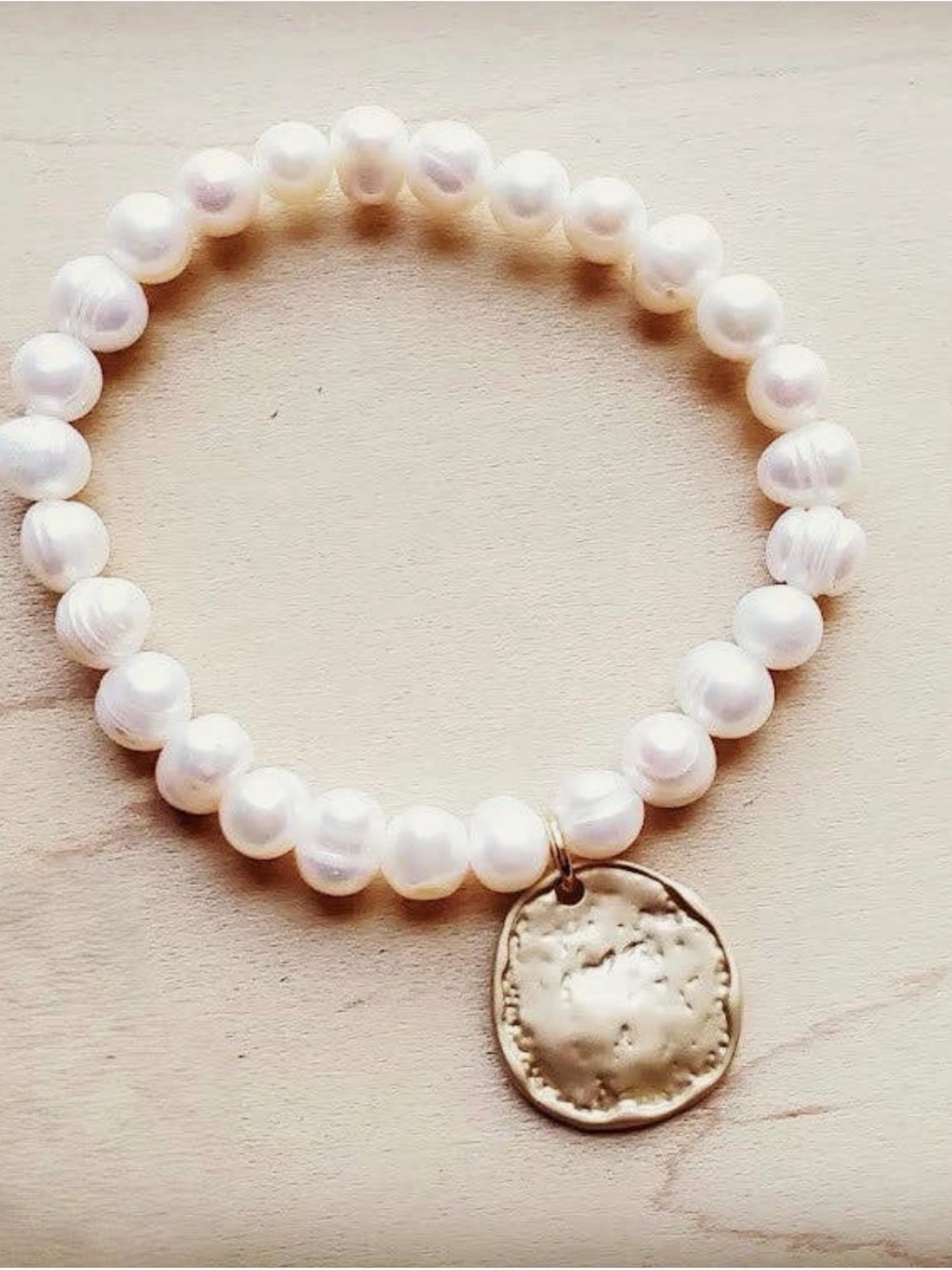 Freshwater Pearl Stretch Bracelet with Gold Medallion